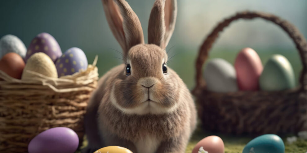Colorful Happy Bunny with many Easter eggs on grass. Festive background for decorative design.